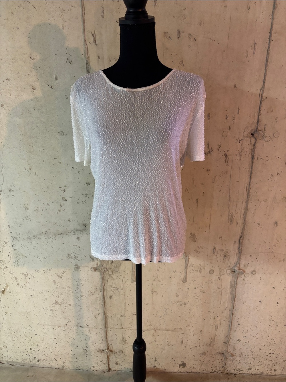 White Beaded Short-Sleeve Tee with Subtle Sheen